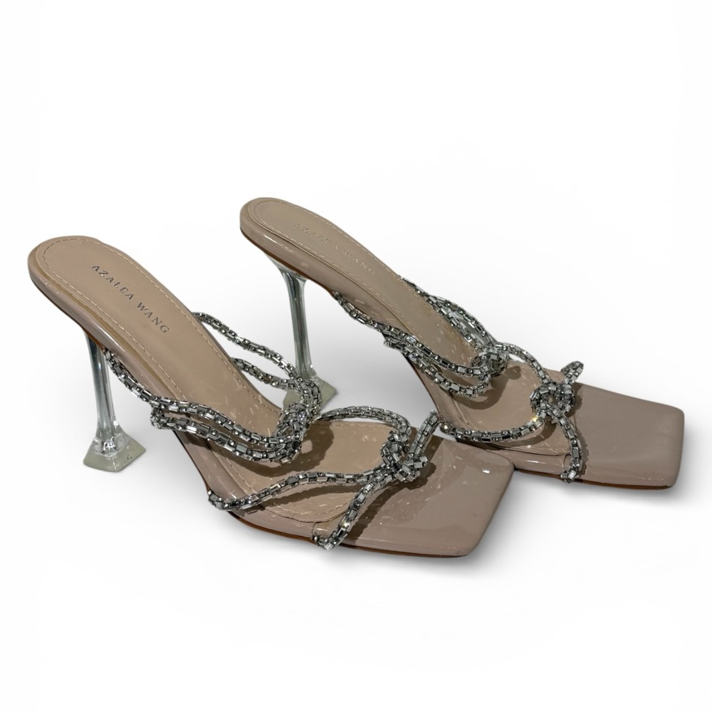 Azalea Wang Nude Rhinestone Knot Heels Size 10 Square Toe Strappy Mule New